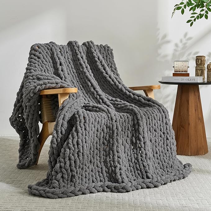 YAAPSU Chunky Knit Throw Blanket for Couch, 51"x63", 100% Hand Knitted Thick Cable Knit with Cozy Jumbo Chenille Yarn, Soft Large Rope Knot Crochet Blankets for Sofa Bed Living Room Décor, Gray