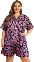 Vozanet Women's Short Sleeve Satin Pajama Sets Silky Ladies Button Down Loungewear Plus Size Nighty Shorts Sets XL to 5XL