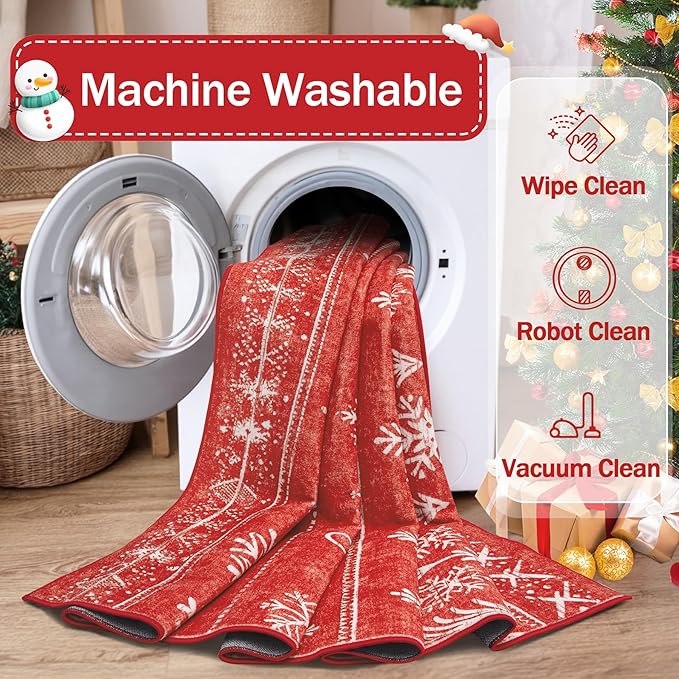 XLUEZ Runner Rug 2x6 Christmas Rugs, Machine Washable Kitchen Runner Boho Christmas Tree Snowflake Rug Non-Slip Soft Low Pile Hallway Rugs for Entryway Bedroom Bathroom Laundry(Xmas Red, 2'x6')