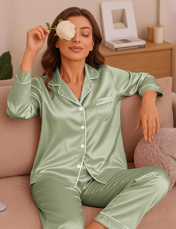 EPLAZA Silk Pajamas for Women Satin Pajamas Set 5 Pcs Long Sleeve Print Pattern Button Down Pjs Sleepwear Loungewear Set