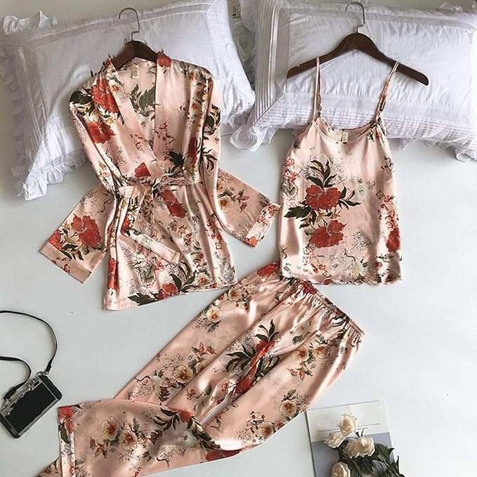 3 Piece Floral Pajama Set for Women Silk Satin Printed Cami Tops and Pants Set with Robe Sleepwear Loungewear Pj Sets