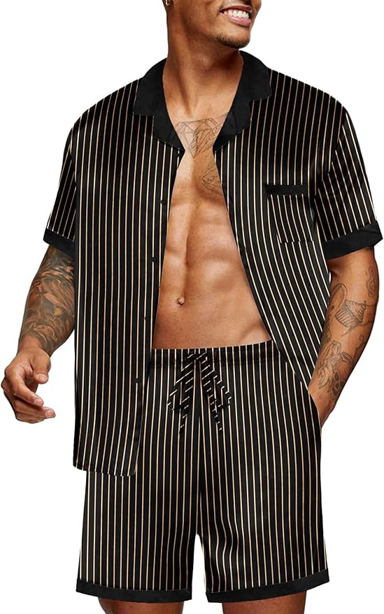 Ekouaer Men Satin Silk Pajamas Set with Pockets Sleepwear Shorts Satin Summer Loungewear 2 Piece Button Down Set S-3XL
