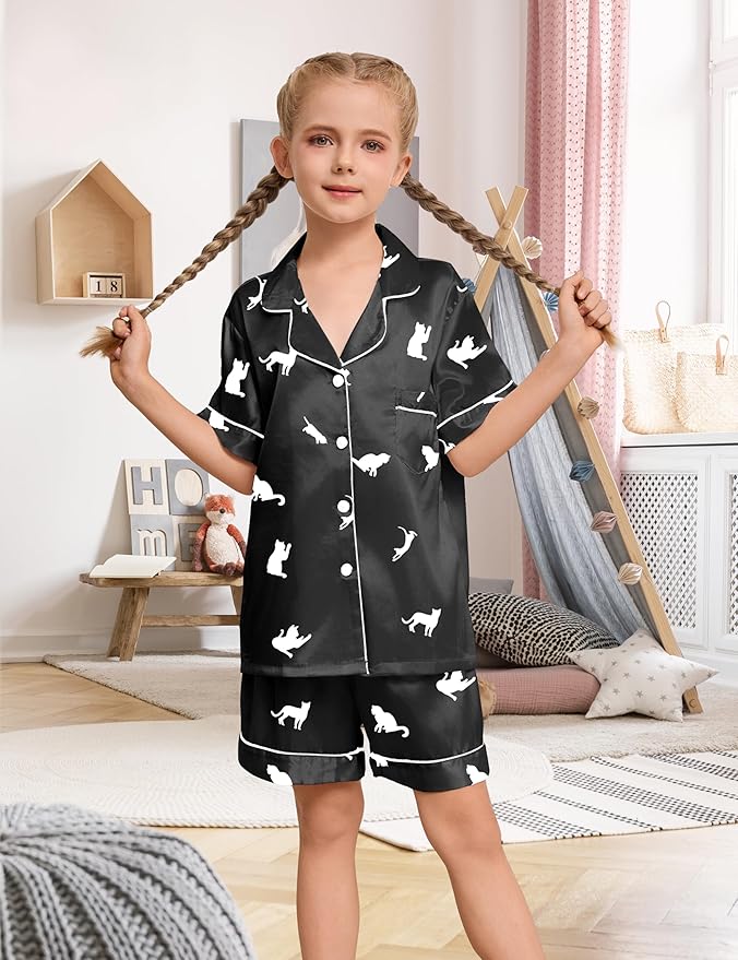 EPLAZA Kids Satin Pajamas Sets Girls Boys Button-Down Silky Pajamas Sleepwear with Hairband Eye Mask Hair Tie