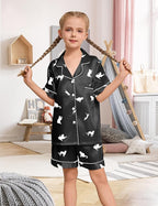 EPLAZA Kids Satin Pajamas Sets Girls Boys Button-Down Silky Pajamas Sleepwear with Hairband Eye Mask Hair Tie