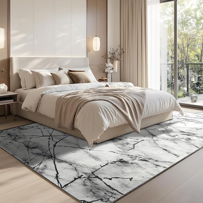 CRYPTOLITE Area Rugs 9x12 Rug for Living Room Abstract Washable Rug with Non-Slip Backing Low Pile Area Rugs for Bedroom, Dining Room, Silver&Grey