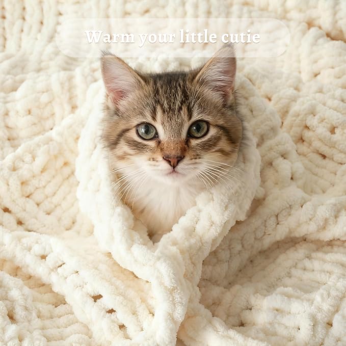 Battilo Cream Chunky Knit Throw Blanket for Couch, Super Soft Chenille Throw Blanket Cozy Warm Thick Ivory White Cable Knitted Blanket for Sofa, Bed, Living Room, 50"x60"