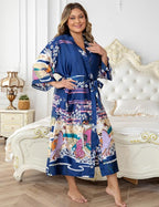 Women's Floral Long Satin Robes Plus Size Long Silk Robes Peacock Floral Kimonos Sleepwear Dressing Gown