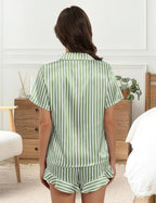 Silk Pajamas for Women Button Down 2 Piece Satin Pjs Shorts Set Ruffle Notch Collar Sleepwear Loungewear