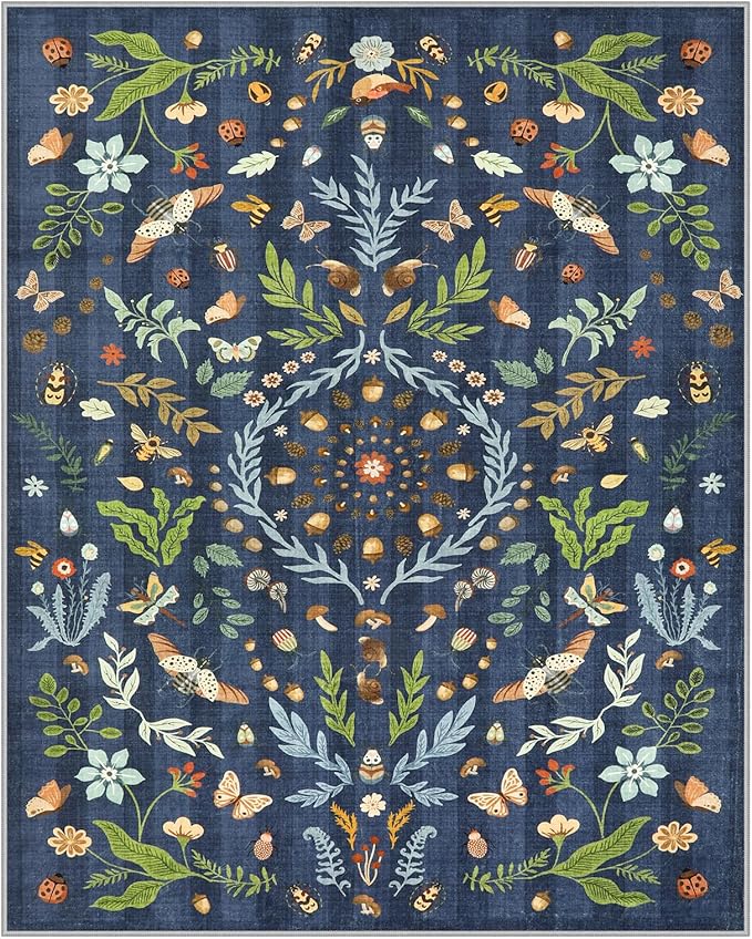 Lahome Chloe Insect Botanical Washable 5x7 Area Rugs for Living Room, Non Slip Blue Rug for Bedroom, Boho Indoor Throw Dining Room Carpet for Under Table Entryway Kitchen Office(Dark Blue,5x7)