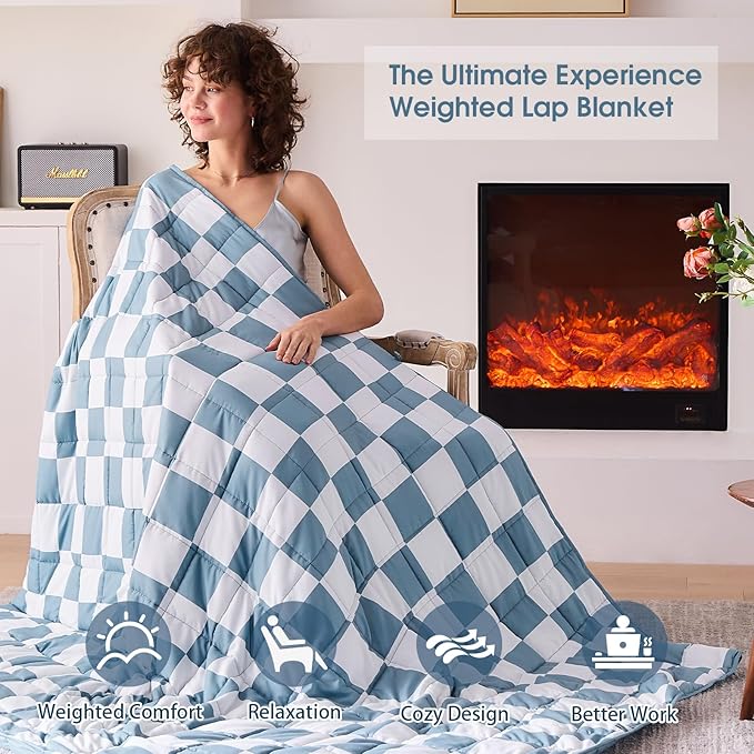Blue Checkered Weighted Blanket for Adults 20lbs, 88"x104" King Size, Cooling Heavy Blanket for 130-220lbs with Premium Glass Beads, Soft Thick Big Blankets for All-Season Sleeping Comfort Breathable