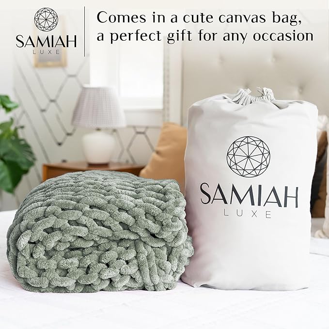 SAMIAH LUXE Sage Green Chunky Knit Blanket Throw 50x70, Chenille Chunky Knit Throw Blanket for Living Room Decor or Boho Decor, Thick Yarn Knitted Blankets for Couch or Bed, Knitted Crochet Blankets