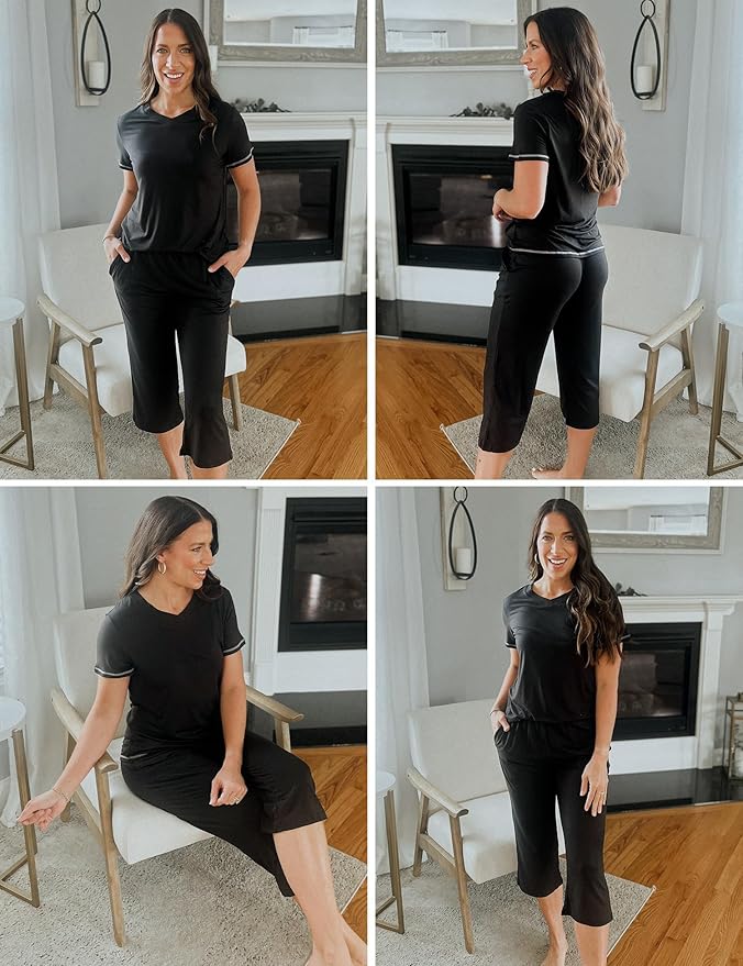 Ekouaer Women's Sleepwear Capri Pajama Sets Short Sleeve Two-Piece Pjs V Neck Tops & Capri Pants with Pockets S-3XL