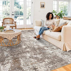 10x10 Square Living Room Area Rug – Washable Non-Slip Modern Large Rug for Bedroom, Dining Room, Playroom –Abstract Low-Pile Thin Indoor Floor Carpet (Brown Beige,10x10)