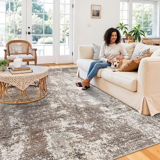 10x10 Square Living Room Area Rug – Washable Non-Slip Modern Large Rug for Bedroom, Dining Room, Playroom –Abstract Low-Pile Thin Indoor Floor Carpet (Brown Beige,10x10)