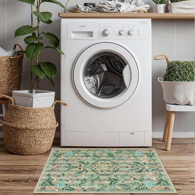 Lahome Chloe Insect Botanical 2x3 Kitchen Rugs Green Door Mat Indoor Entrance,Machine Washable Boho Floral Small Rug,Soft Non-Slip Indoor Carpet Throw Rugs for Entryway Bathroom Laundry(Green,2x3)