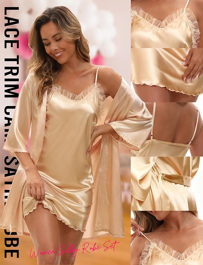 EPLAZA Bride Robe for Wedding Day Set Bridal Robes Satin Robe with Sexy Silk Lingerie for Bachelorette Party Getting Ready