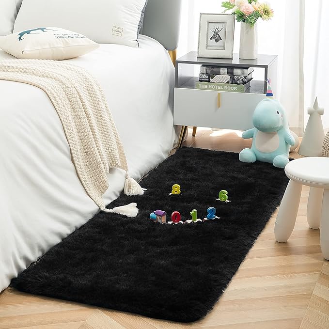 ISEAU Fluffy Runner Rug for Bedroom Plush Area Rugs, Shag Carpet with Rubber Backing Non Slip, Comfy Nursery Mat Bedside Mats for Kids Boys Room Home Decor, 2ft x 6ft, Black