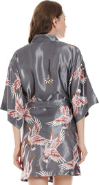 Women Kimono Robes Satin Dressing Gown Crane and Blossoms Sleep Lounge Nightwear Short Silk Bride Bridesmaid Robe
