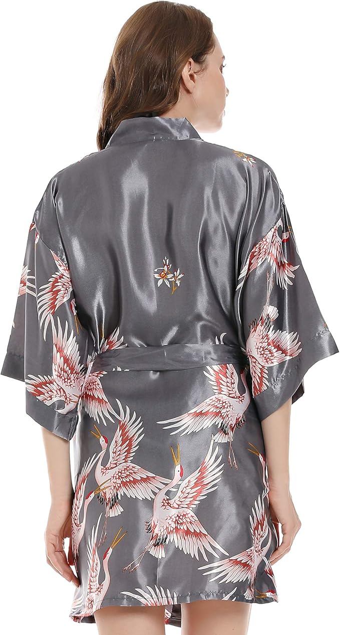 Women Kimono Robes Satin Dressing Gown Crane and Blossoms Sleep Lounge Nightwear Short Silk Bride Bridesmaid Robe