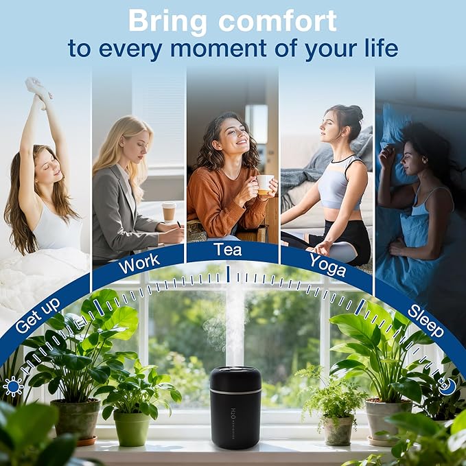 Portable Mini Humidifier, 300ml USB Cool Mist Small Humidifier with Colorful Lights. Perfect for Bedroom, Office, Plants, travel & Car (Black)