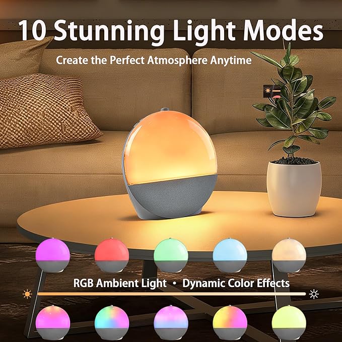 Sunrise Alarm Clock Wake Up Light, White Noise Machine Sleep Aid with 8 Soothing Sounds, Bluetooth Speaker & 10 Color RGB Atmosphere Lights, Dual Alarms, Dimmable Natural Light for Bedroom