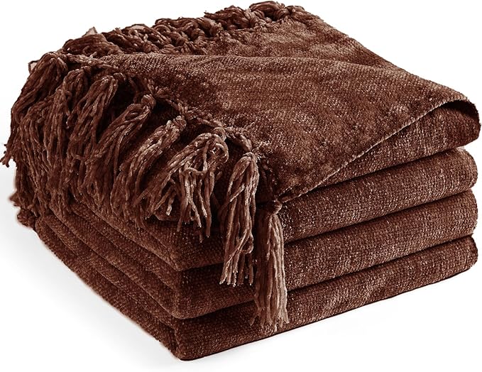Chenille Throw Blanket for Couch 60"X 80" Twin, Soft Cozy Throws with Fringe Tassel for Bed Sofa Chair Cover, Lightweight Knitted Decorative Boho Blankets for Living Room, Dark Brown