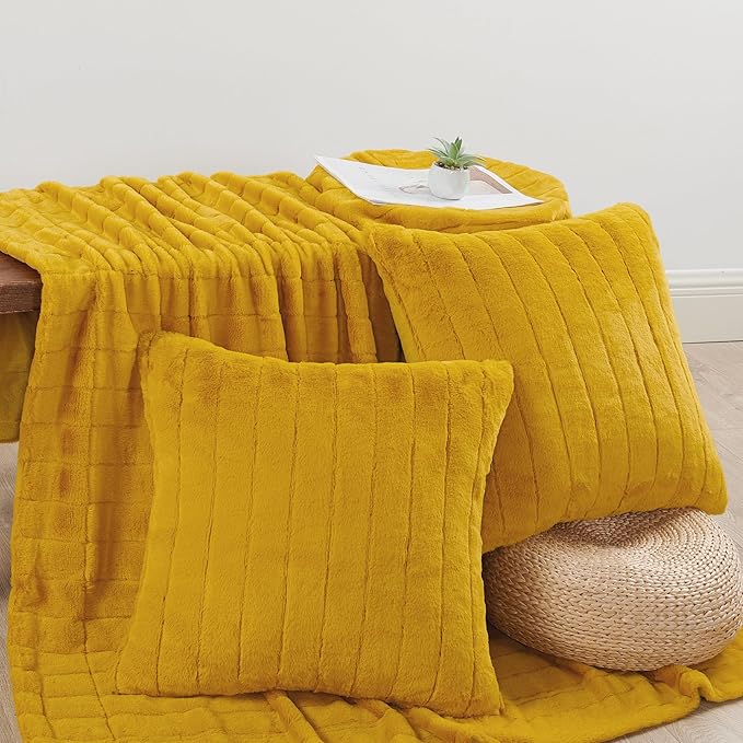 Striped Throw Blanket and Pillow Covers Set (No Inserts) for Couch and Bed, Plush Warm Lightweight Fuzzy Faux Fur Blanket for All Seasons (50" x 60", Mustard Yellow)