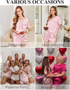 Silk Pajamas for Women Short Sleeve Satin 2 Piece Pj Set Soft V Neck Sleepwear Loungewear, S-XXL