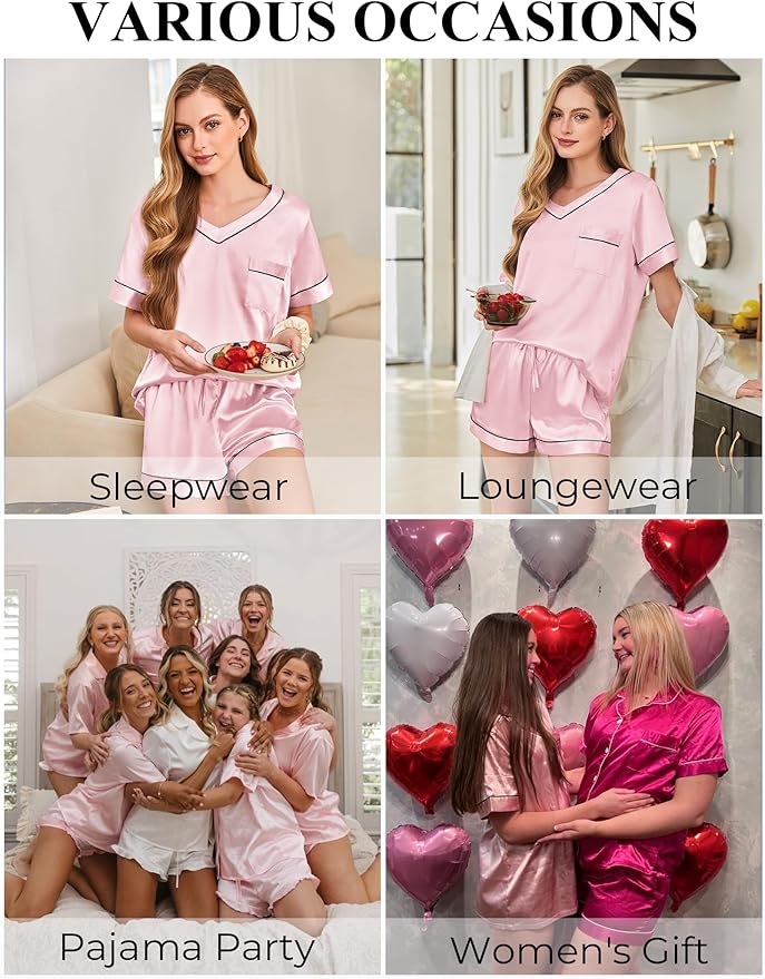 Silk Pajamas for Women Short Sleeve Satin 2 Piece Pj Set Soft V Neck Sleepwear Loungewear, S-XXL