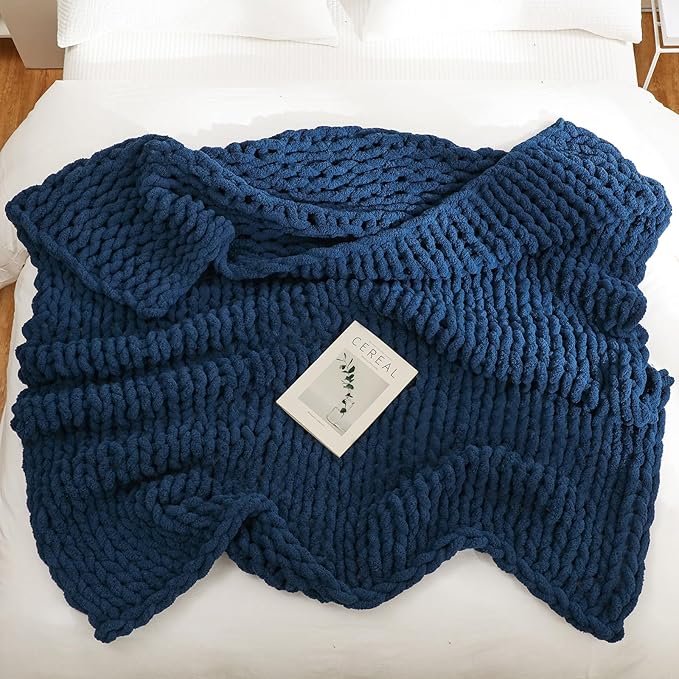 YAAPSU Chunky Knit Throw Blanket for Couch, 51"x63", 100% Hand Knitted Thick Cable Knit with Cozy Jumbo Chenille Yarn, Soft Large Rope Knot Crochet Blankets for Sofa Bed Living Room Décor, Navy Blue