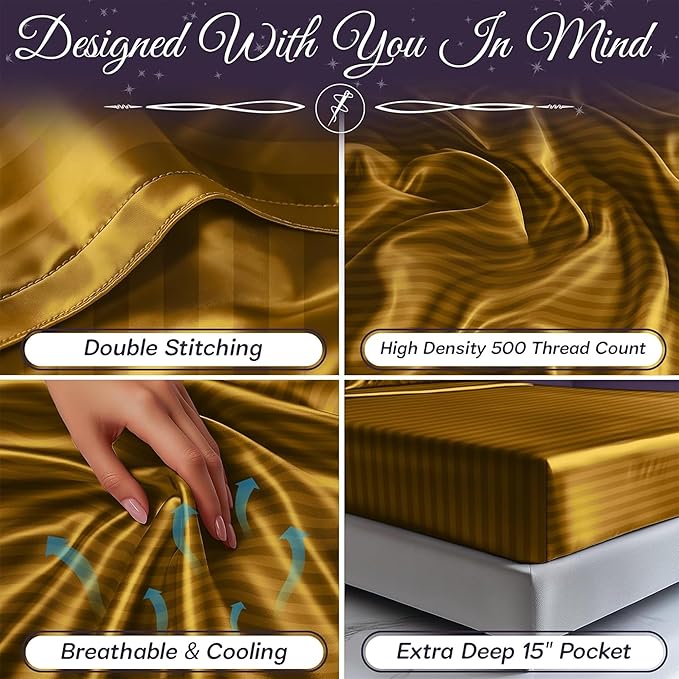 SLEEP SANCTUARY Satin Sheets Twin Size – 3 Piece Luxury Silky Bed Set, Softer Than Silk, 15" Deep Pocket, Cooling & Wrinkle-Free, Moisture-Wicking & Breathable for Hair & Skin (Striped Gold)