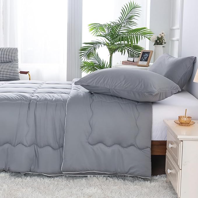 COTTEBED Ultra-Soft Comforter Set Queen/Full Size Bed, Jersey Knit T-Shirt Feeling Fluffy Cozy Comy Durable Lightweight Quilt Bedding Down Blanket & 2 Pillowcase for All Season Use, Dark Grey