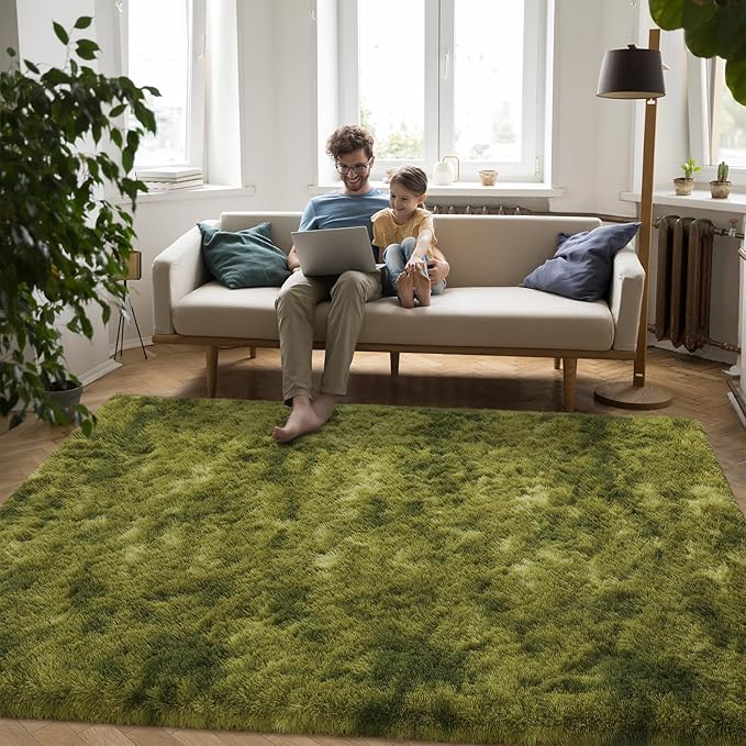 Softlife Area Rug for Living Room, Fluffy Shag Plush 6x9 Green Rugs for Bedroom Girls Kids, Shaggy Soft Fuzzy Tie Dyed Large Carpet for Dorm Bedside Ultra Cozy Non-Slip Indoor Decor