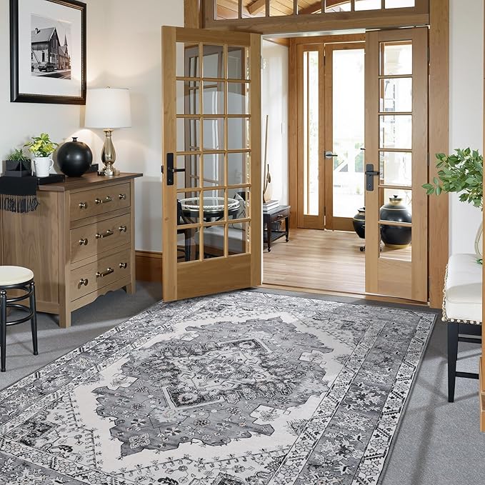 CRYPTOLITE Vintage Area Rug 5x8 Rugs, Machine Washable Vintage Area Rug Non-Slip Low Pile Large Rug for Living Room, Bedroom, Farmhouse, Dining Room, Grey