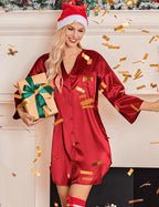 Ekouaer Satin Nightgowns for Women Silk Sleepwear Button Down Sleepshirt 3/4 Sleeve V-Neck Nightshirts with Pockets