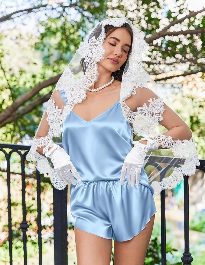 Ekouaer Satin Pajama Set for Women, Backless Silk Lingerie Pjs Back Tie-up Camisole Top and Shorts with Ruffle Sleepwear