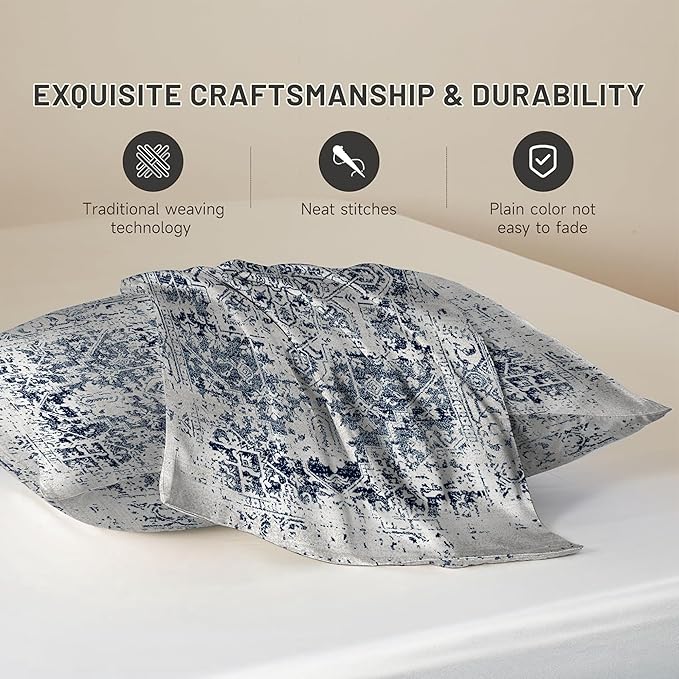 Silk Like Pillowcase for Hair and Skin Retro Boho Blue Carpet 1 Pack Satin Pillowcase with Hidden Zipper Soft Breathable Smooth Cooling Pillow Cover Queen Size for Bedroom Sofa 20”x30”
