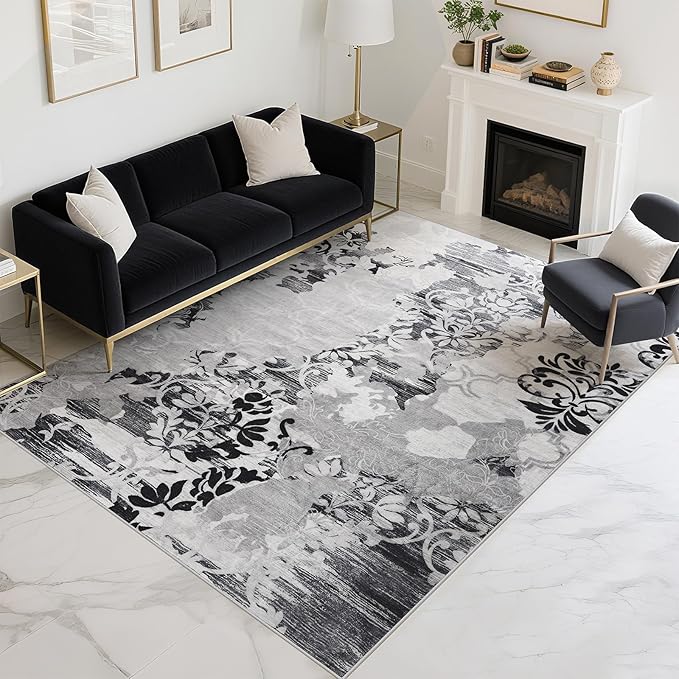 CRYPTOLITE Living Room Rug Washable Abstract Rugs with Non-Slip Backing Low Pile Area Rug for Living Room, Bedroom, Dining Room, 6x9, Grey