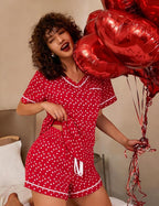 ASTANFY Valentines Day Pajamas Women 2 Piece Silk Valentine Pjs Cute Heart Pajamas V Neck Satin Sleepwear Loungewear Set