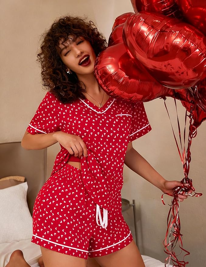 ASTANFY Valentines Day Pajamas Women 2 Piece Silk Valentine Pjs Cute Heart Pajamas V Neck Satin Sleepwear Loungewear Set
