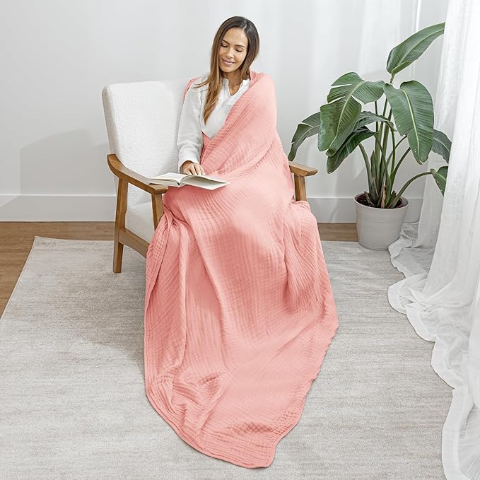Comfy Cubs Muslin Throw Blanket - 50” x 60” Quilted Design - Lightweight, Breathable 6-Layer Gauze Fabric - Soft Cotton Blanket for Home or Travel - Packaged in Elegant Gift Box - Bold Blush