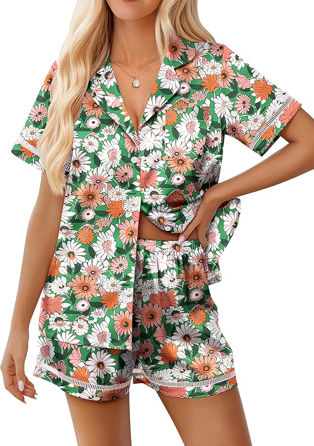 Ekouaer Womens Silk Pajama Sets Button Up Satin Pjs Short Sleeve 2 Piece Pj Sets Cute Lounge Sets with Chest Pocket