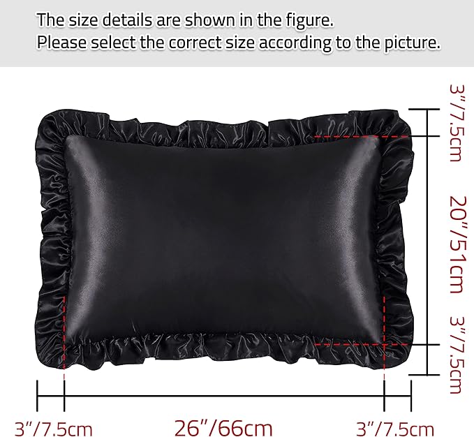Black Satin Ruffled Pillow Cases for Hair and Skin,Black Silk Pillowcases Standard Set of 2 with Envelope Closure Princess Room Decoration