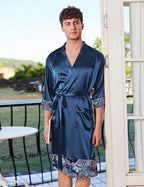 Ekouaer Mens Satin Robe Lightweight Silky Kimono Bathrobe 3/4 Sleeve Spa Knee Length Loungewear with Pockets S-3XL
