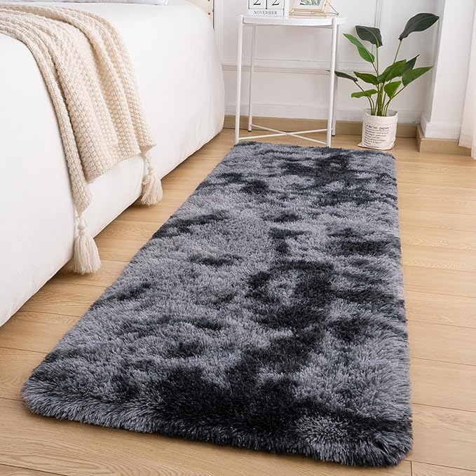 Softlife Area Rug for Bedroom, Fluffy Shag Plush Tie Dyed Rainbow Black for Living Room Girls, Shaggy Throw Carpet for Kids Soft Fuzzy Runner Small 2x6 Runners for Hallways Dorm