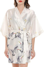 Women Kimono Robes Satin Dressing Gown Crane and Blossoms Sleep Lounge Nightwear Short Silk Bride Bridesmaid Robe