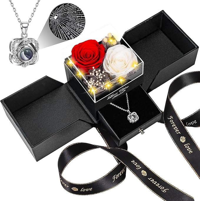 2 Preserved Real Rose with Heart I Love You Necklace- Eternal Rose Birthday Gifts for Women Wife Girlfriend Her Mom Grandma on Festivals Gifts Christmas Valentines Mothers Day Anniversary-Red White