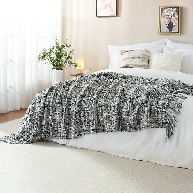 Multi-Color Grey Cable Woven Throw Blanket for Couch,50"X60" Boho Style Textured Blankets for Home Decor,Super Soft Warm Cozy Chunky Blanket with Decorative Tassels for Bed and Sofa