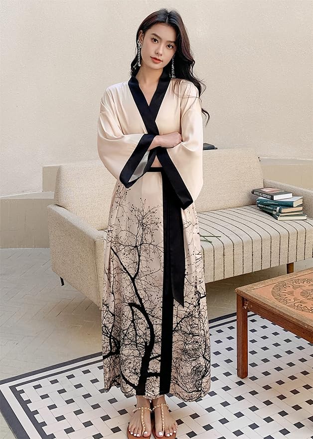 Kihnop Women's Floral Long Kimono Robe Long Satin Robe Long Silk Robe Ladies Kimonos Silky Bathrobe Cover Up, One Size