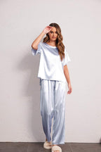 Ekouaer Womens Satin Silky Pajama Set Short Sleeve Shirt with Long Pajama Pant Set Soft PJ Loungewear